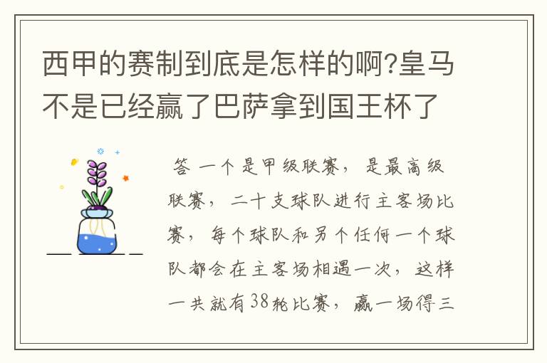 西甲的赛制到底是怎样的啊?皇马不是已经赢了巴萨拿到国王杯了吗?为什么还有比赛啊