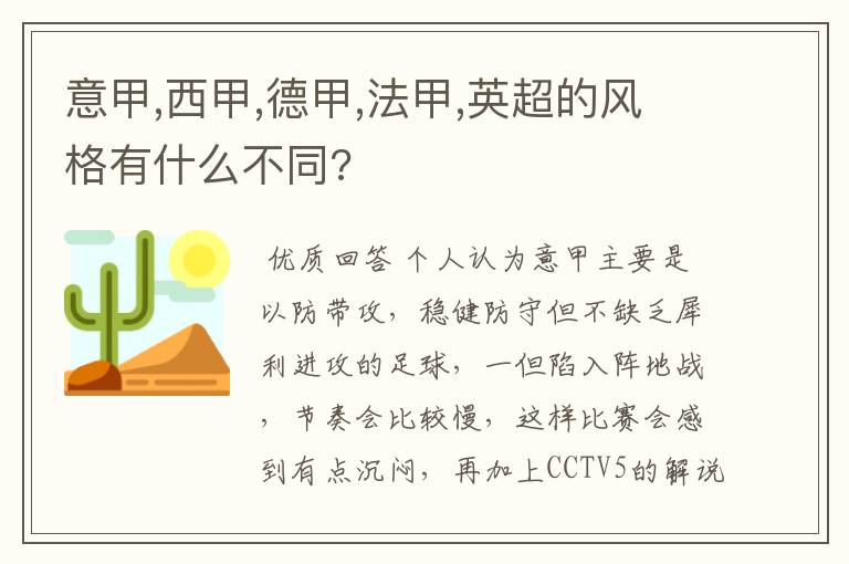 意甲,西甲,德甲,法甲,英超的风格有什么不同?