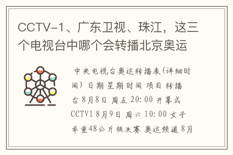 CCTV-1、广东卫视、珠江，这三个电视台中哪个会转播北京奥运开幕式？