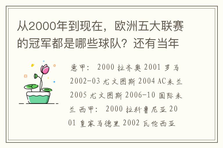 从2000年到现在，欧洲五大联赛的冠军都是哪些球队？还有当年的欧冠冠军。