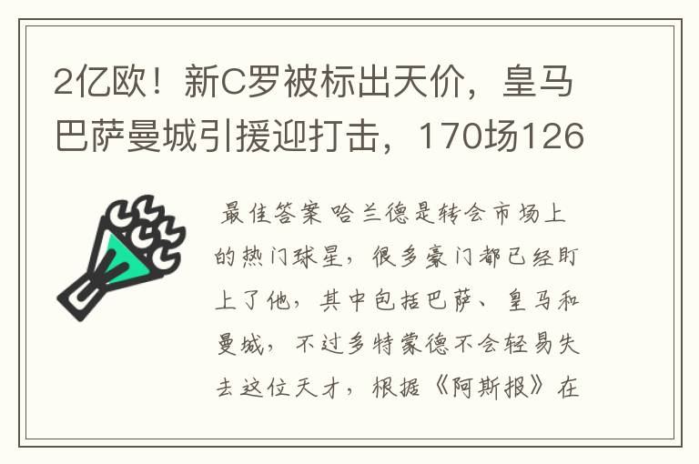 2亿欧！新C罗被标出天价，皇马巴萨曼城引援迎打击，170场126球