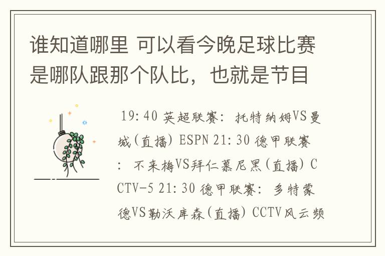 谁知道哪里 可以看今晚足球比赛是哪队跟那个队比，也就是节目表吧。