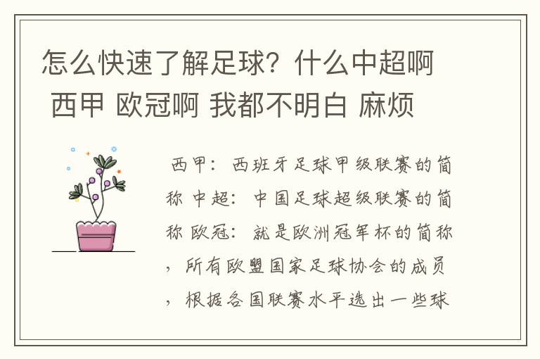 怎么快速了解足球？什么中超啊 西甲 欧冠啊 我都不明白 麻烦 有哪位特别了解足球的 跟我讲讲，多谢