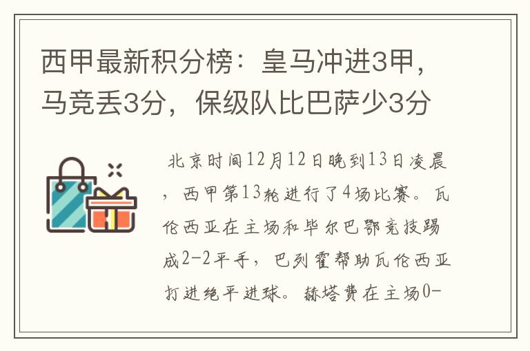 西甲最新积分榜：皇马冲进3甲，马竞丢3分，保级队比巴萨少3分