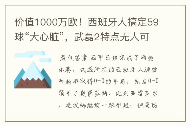 价值1000万欧！西班牙人搞定59球“大心脏”，武磊2特点无人可替