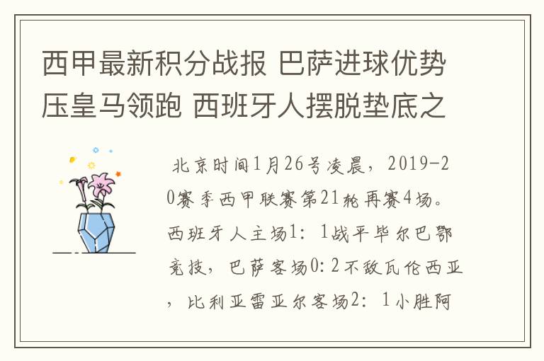 西甲最新积分战报 巴萨进球优势压皇马领跑 西班牙人摆脱垫底之位