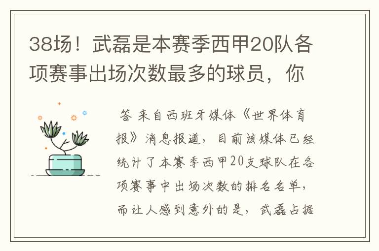 38场！武磊是本赛季西甲20队各项赛事出场次数最多的球员，你怎么看？