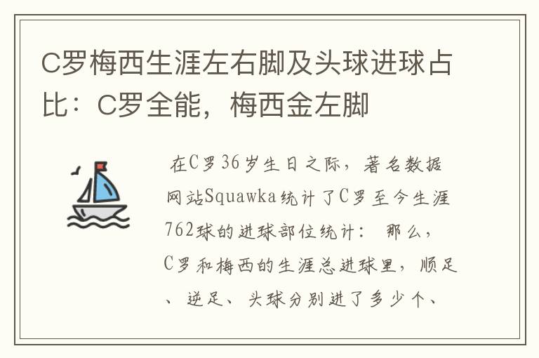 C罗梅西生涯左右脚及头球进球占比：C罗全能，梅西金左脚