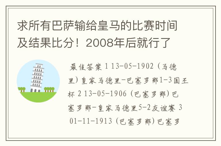 求所有巴萨输给皇马的比赛时间及结果比分！2008年后就行了