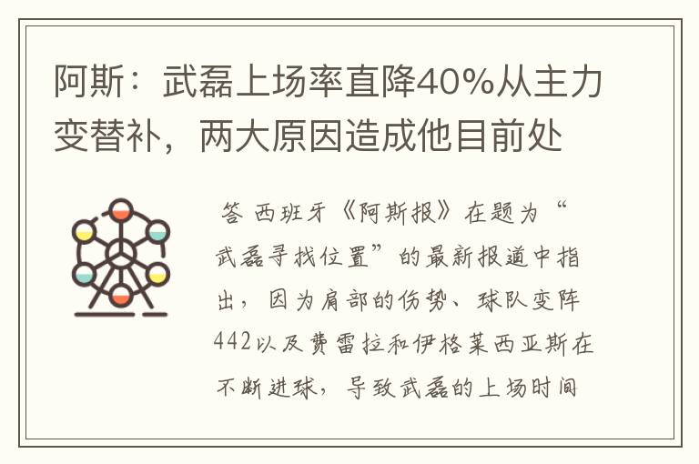 阿斯：武磊上场率直降40%从主力变替补，两大原因造成他目前处境