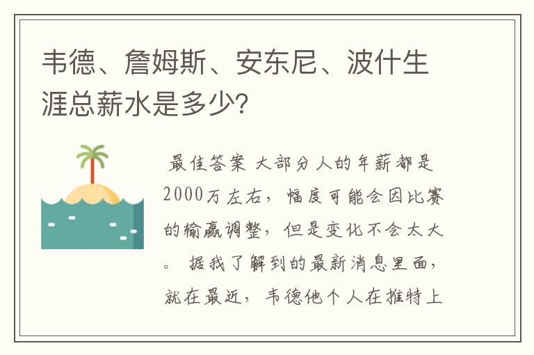 韦德、詹姆斯、安东尼、波什生涯总薪水是多少？