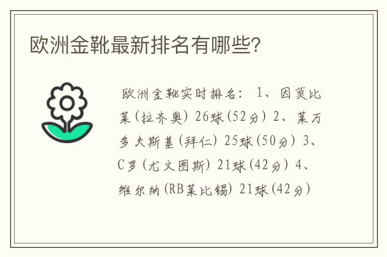 欧洲金靴最新排名有哪些？