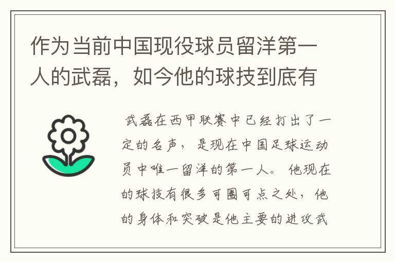 作为当前中国现役球员留洋第一人的武磊，如今他的球技到底有多牛？