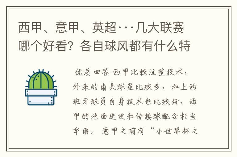 西甲、意甲、英超···几大联赛哪个好看？各自球风都有什么特征？