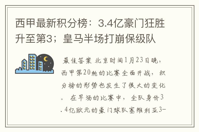 西甲最新积分榜：3.4亿豪门狂胜升至第3；皇马半场打崩保级队