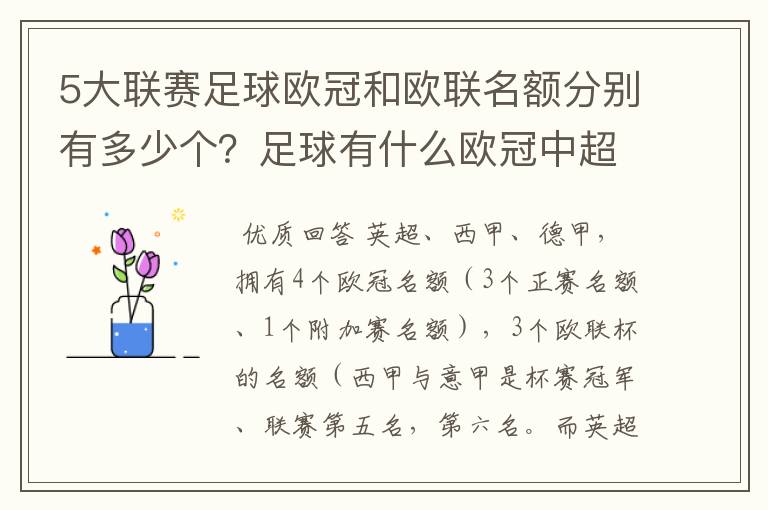 5大联赛足球欧冠和欧联名额分别有多少个？足球有什么欧冠中超还