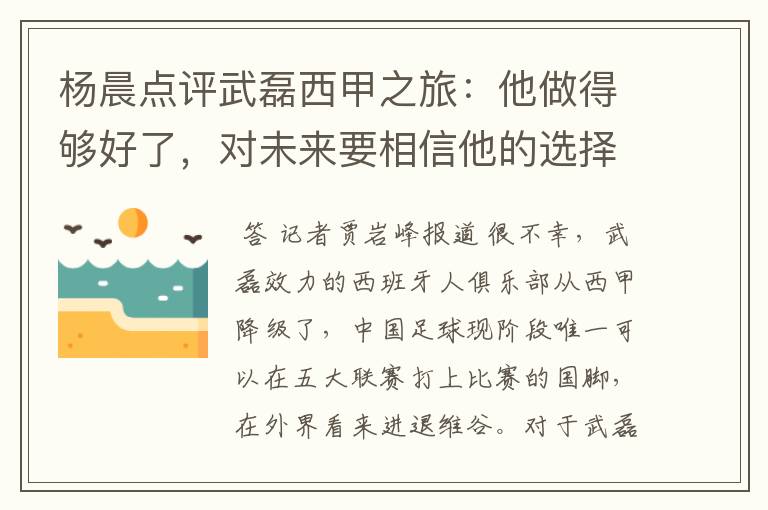 杨晨点评武磊西甲之旅：他做得够好了，对未来要相信他的选择