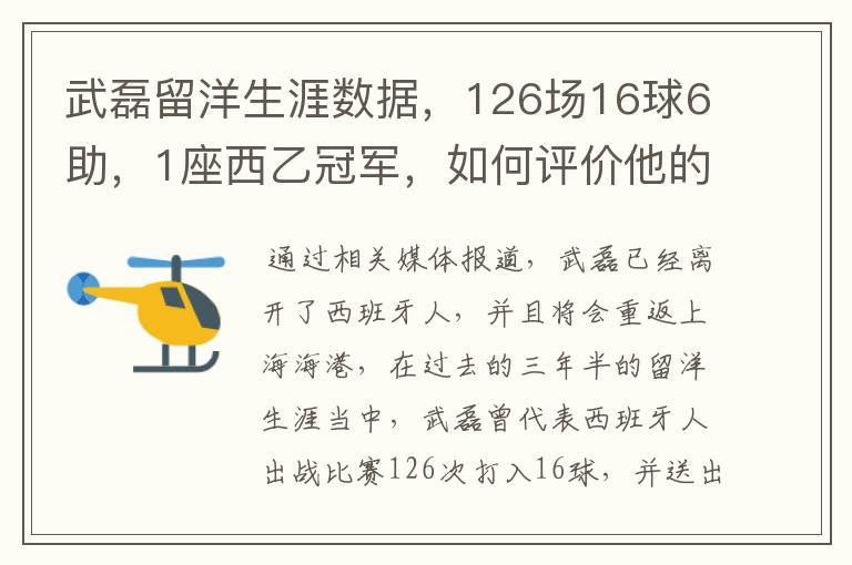 武磊留洋生涯数据，126场16球6助，1座西乙冠军，如何评价他的表现？