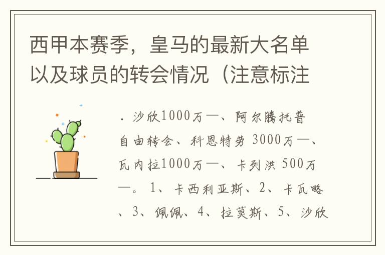 西甲本赛季，皇马的最新大名单以及球员的转会情况（注意标注球员身价）