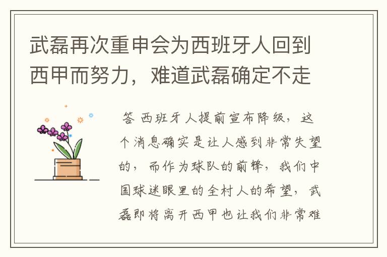 武磊再次重申会为西班牙人回到西甲而努力，难道武磊确定不走了？