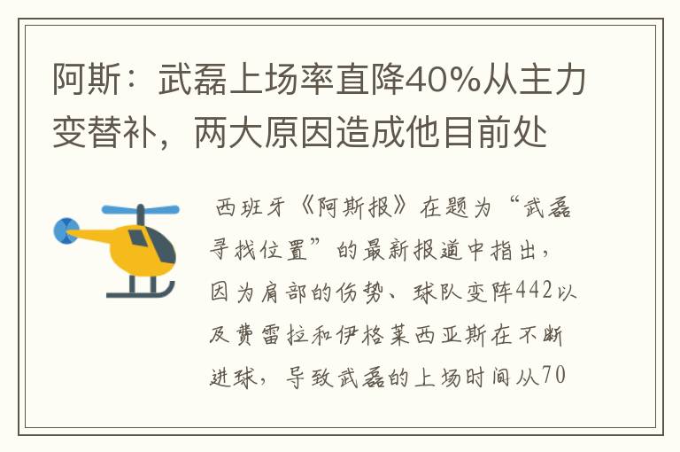 阿斯：武磊上场率直降40%从主力变替补，两大原因造成他目前处境