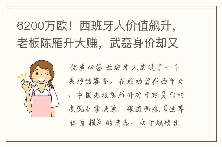 6200万欧！西班牙人价值飙升，老板陈雁升大赚，武磊身价却又缩水