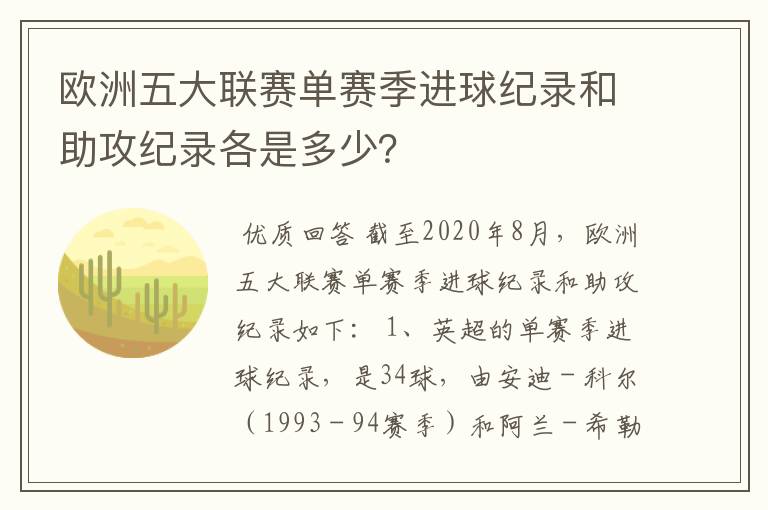 欧洲五大联赛单赛季进球纪录和助攻纪录各是多少？