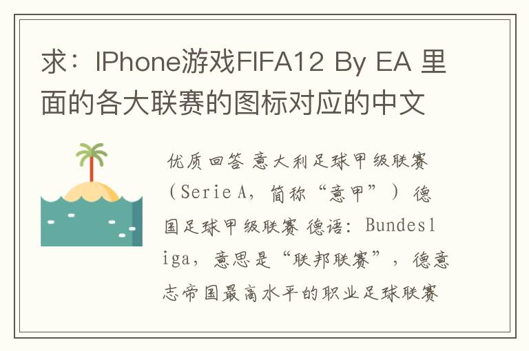 求：IPhone游戏FIFA12 By EA 里面的各大联赛的图标对应的中文名称 例如：Liga BBVA 西甲