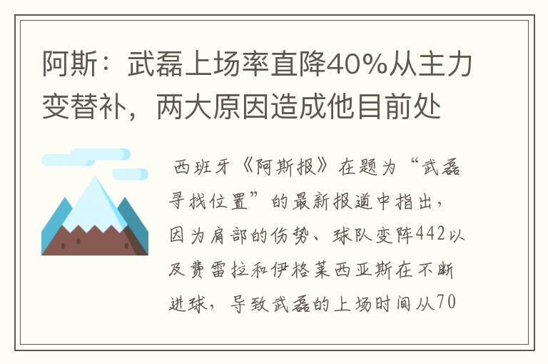 阿斯：武磊上场率直降40%从主力变替补，两大原因造成他目前处境