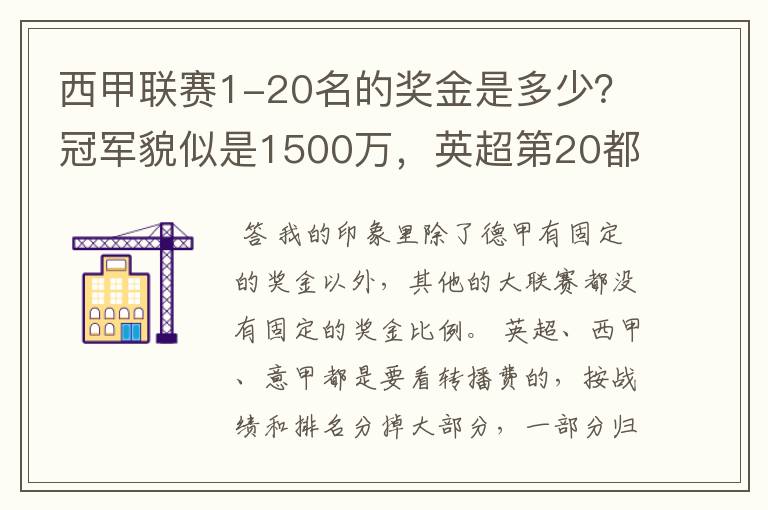 西甲联赛1-20名的奖金是多少？冠军貌似是1500万，英超第20都是4000万呀！