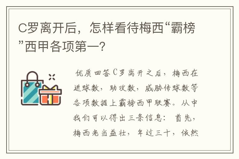 C罗离开后，怎样看待梅西“霸榜”西甲各项第一？