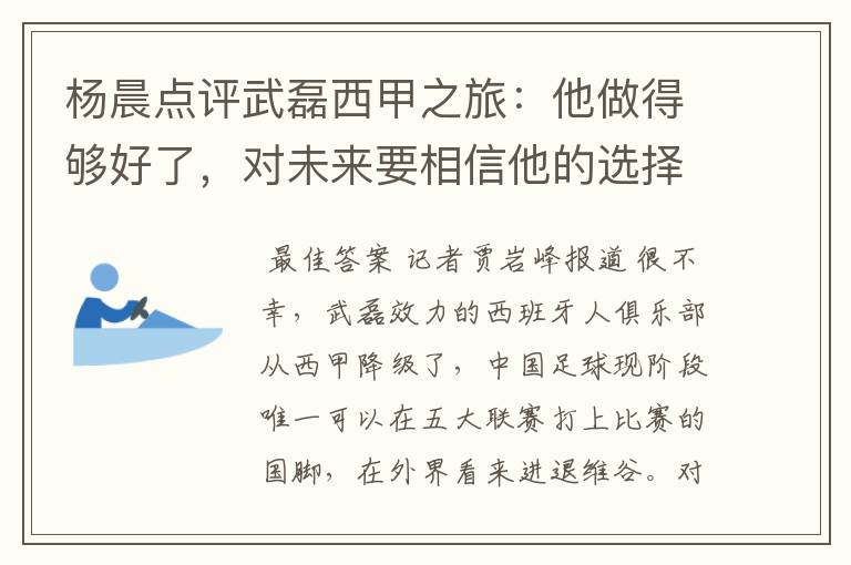 杨晨点评武磊西甲之旅：他做得够好了，对未来要相信他的选择