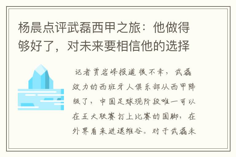 杨晨点评武磊西甲之旅：他做得够好了，对未来要相信他的选择