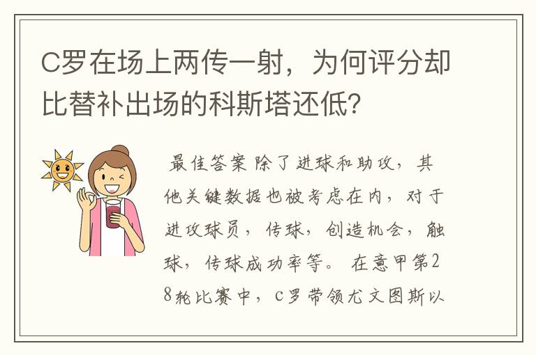 C罗在场上两传一射，为何评分却比替补出场的科斯塔还低？