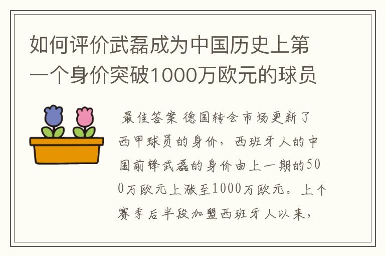 如何评价武磊成为中国历史上第一个身价突破1000万欧元的球员？