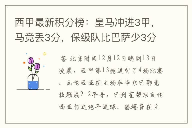 西甲最新积分榜：皇马冲进3甲，马竞丢3分，保级队比巴萨少3分