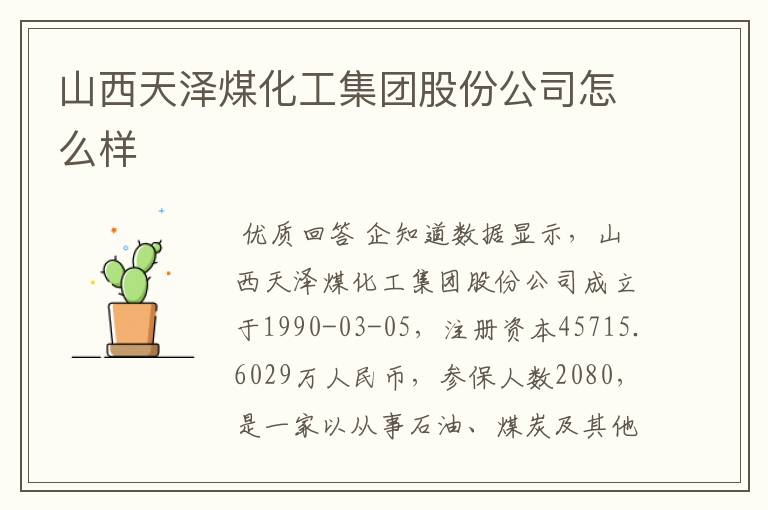 山西天泽煤化工集团股份公司怎么样