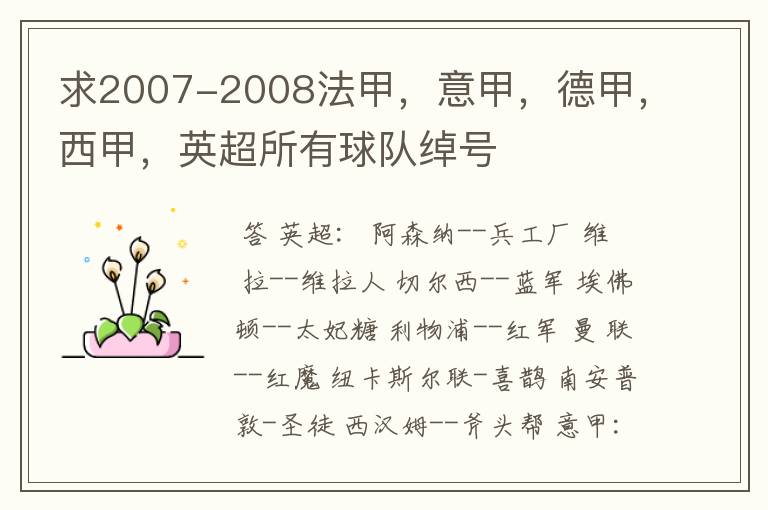 求2007-2008法甲，意甲，德甲，西甲，英超所有球队绰号