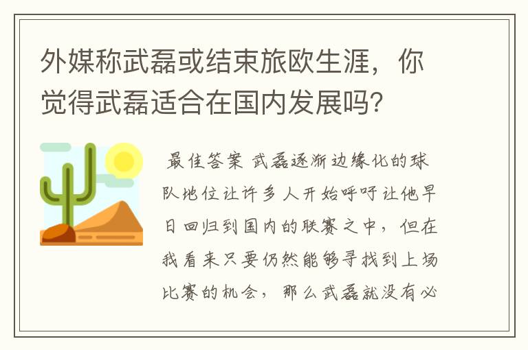 外媒称武磊或结束旅欧生涯，你觉得武磊适合在国内发展吗？