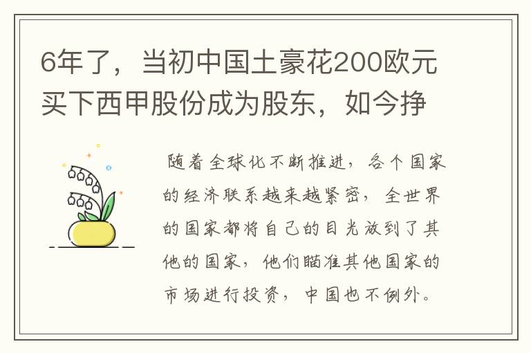 6年了，当初中国土豪花200欧元买下西甲股份成为股东，如今挣多少？