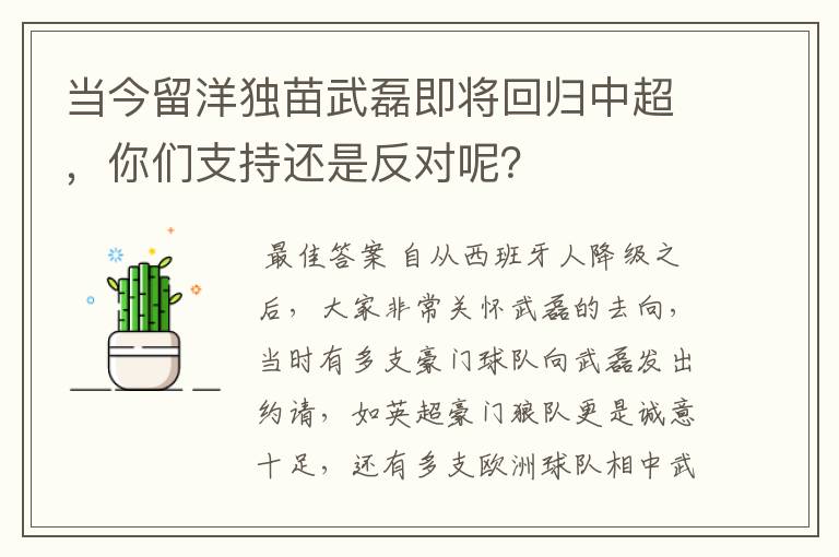 当今留洋独苗武磊即将回归中超，你们支持还是反对呢？