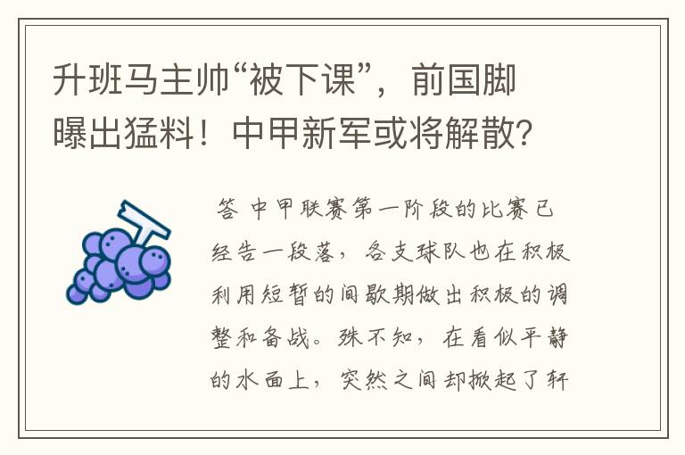 升班马主帅“被下课”，前国脚曝出猛料！中甲新军或将解散？