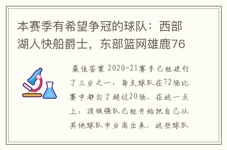 本赛季有希望争冠的球队：西部湖人快船爵士，东部篮网雄鹿76人