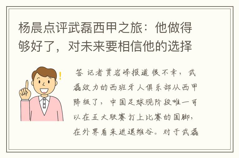 杨晨点评武磊西甲之旅：他做得够好了，对未来要相信他的选择