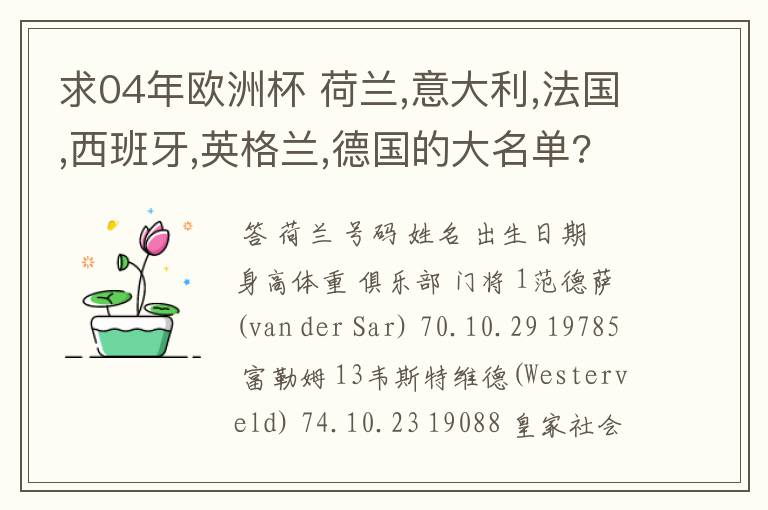 求04年欧洲杯 荷兰,意大利,法国,西班牙,英格兰,德国的大名单?