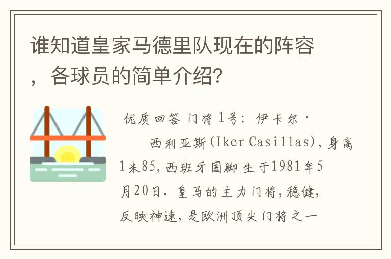 谁知道皇家马德里队现在的阵容，各球员的简单介绍？