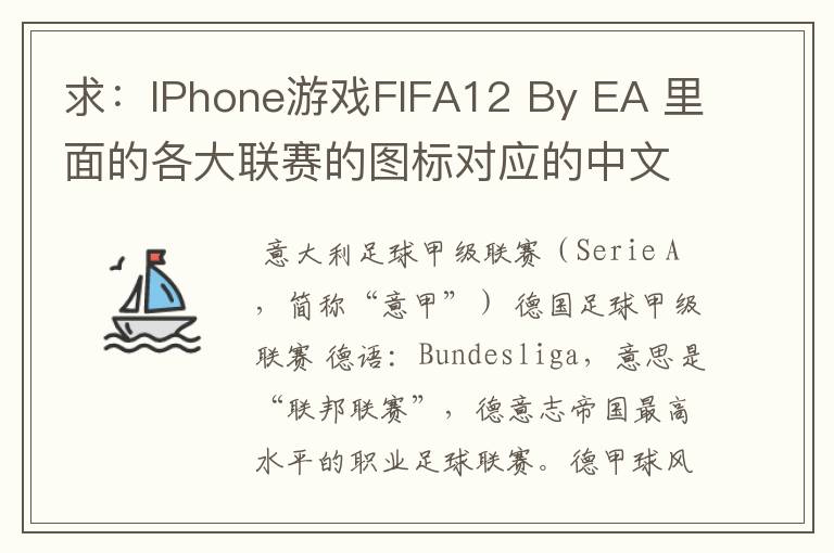 求：IPhone游戏FIFA12 By EA 里面的各大联赛的图标对应的中文名称 例如：Liga BBVA 西甲