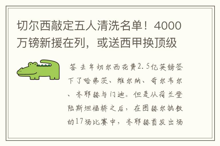 切尔西敲定五人清洗名单！4000万镑新援在列，或送西甲换顶级铁闸