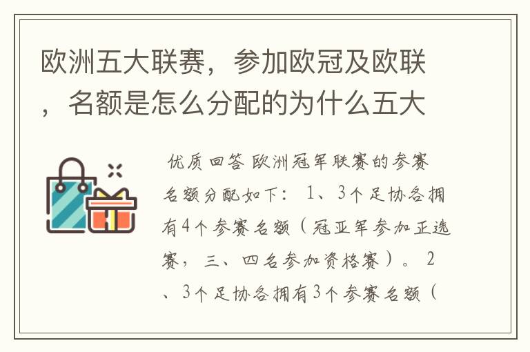 欧洲五大联赛，参加欧冠及欧联，名额是怎么分配的为什么五大联赛只有法甲