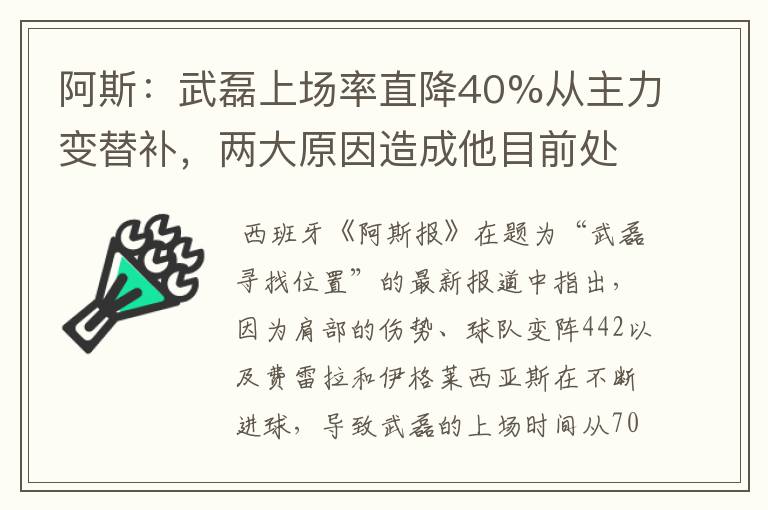 阿斯：武磊上场率直降40%从主力变替补，两大原因造成他目前处境